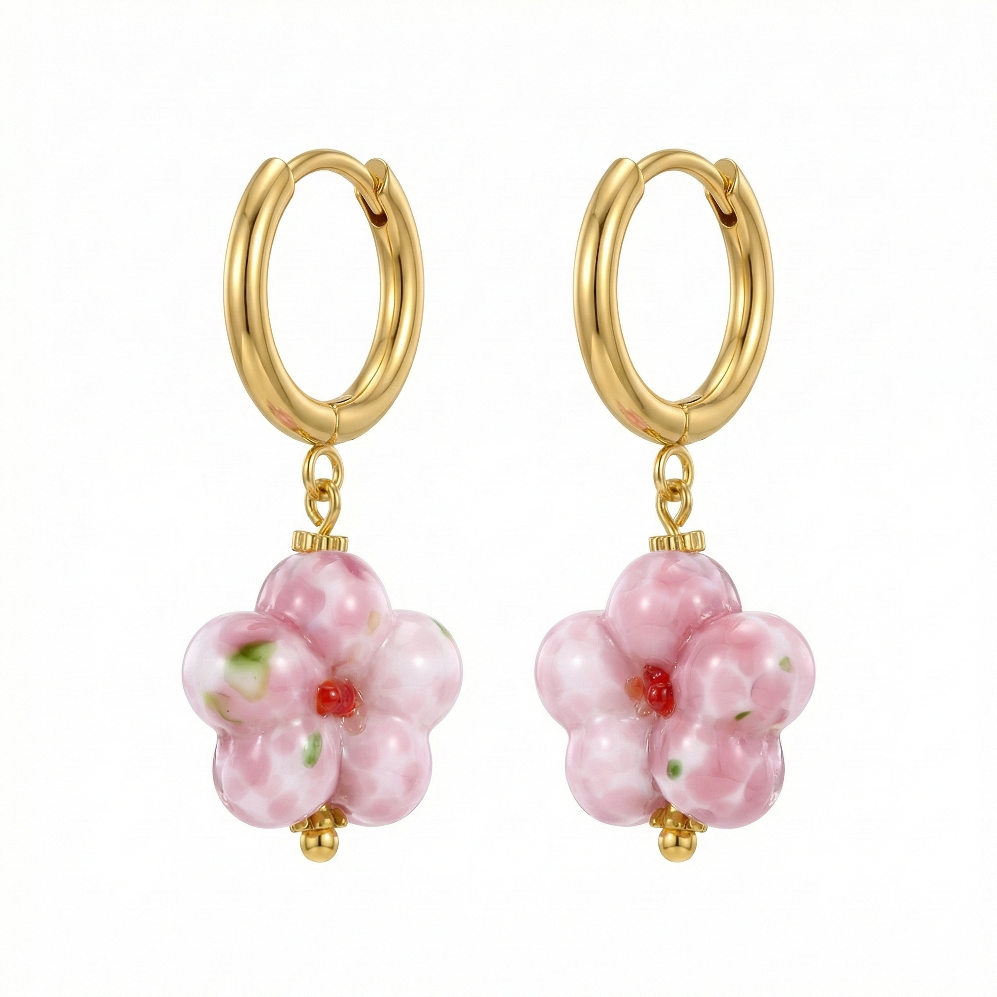 Créoles dorées en acier inoxydable avec pendentif fleur rose